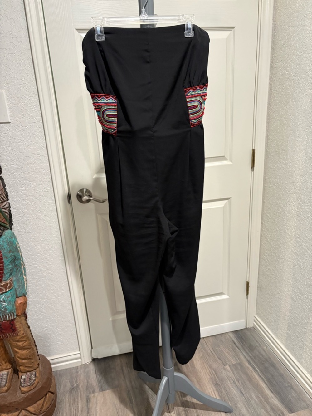 Bisou Bisou Black Strapless Jumpsuit with Multicolor Embroidered Panels